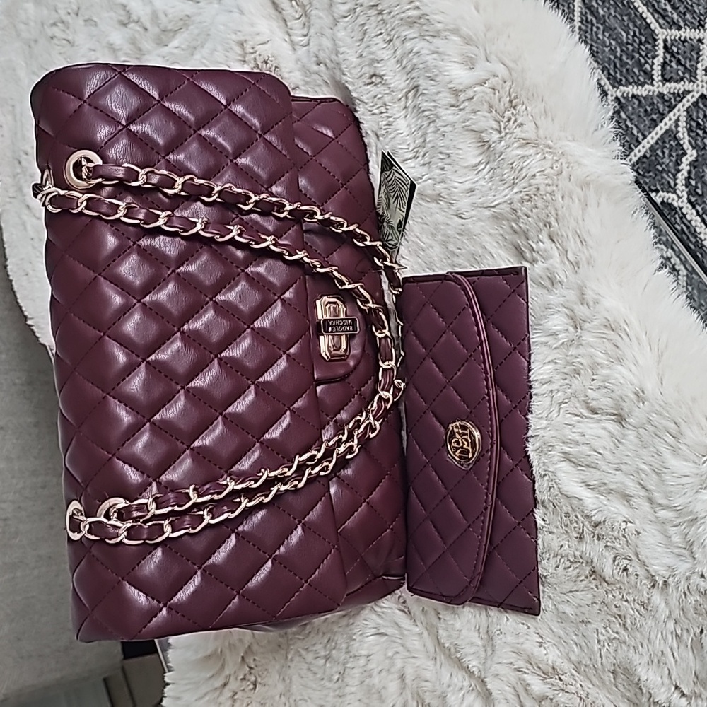 Badgley Mischka Quilted Shoulder Bag and Wallet Plum